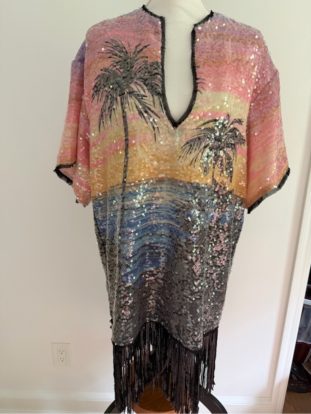 H&M Sequin Palm Print Fringe Tunic Dress XS/S